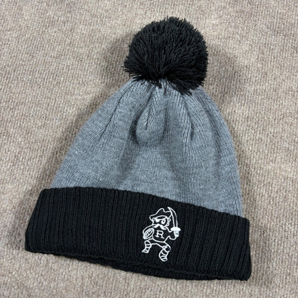 New Era Pirate Football Mascot Knit Pom Beanie Hat Gray Black Fleece Lined